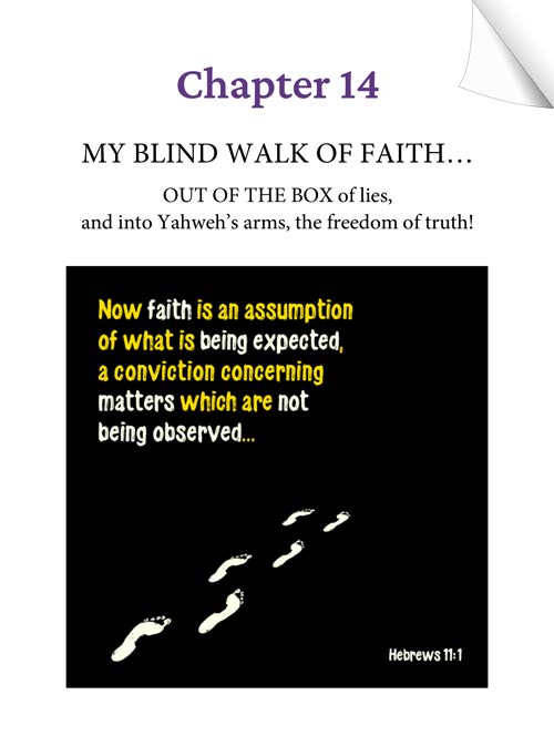 Chapter 14 (Audio) - MY BLIND WALK OF FAITH... OUT OF THE BOX of lies, and into Yahweh's arms, the freedom of truth! - KEEPING THE FAITH through the UN-thinkable... by Tamra Jean - Heaven's View Ministry