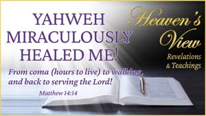 YAHWEH MIRACULOUSLY HEALED ME! From coma (hours to live) to walking and serving the Lord - Front Cover - Heaven's View Ministry - Revelations and Teachings - Testimony - through Tamra Jean, Where The Spirit of the Lord is. All Glory to Yahweh