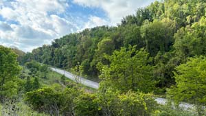 Heavens View Ministry - Divine Appointments - Road Frontage Spring Green Trees with Blue Sky Puffy Clouds - WEST VIRGINIA - Where the Spirit of the Lord is.