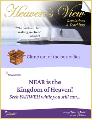Near is the Kingdom of Heaven - Seek YAHWEH while you still can…- Front Cover - Heaven's View Ministry - Revelations and Teachings - Testimony - through Tamra Jean, Where The Spirit of the Lord is. All Glory to Yahweh