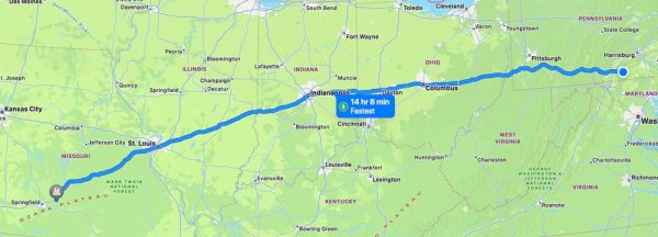 MAPS Route Marshfield, MISSOURI to Biglerville, PENNSYLVANIA (Jesus is Lord Ministries International) - YAHWEH MIRACULOUSLY HEALED ME - Preaching - Heavens View Ministry - Where the Spirit of the Lord is
