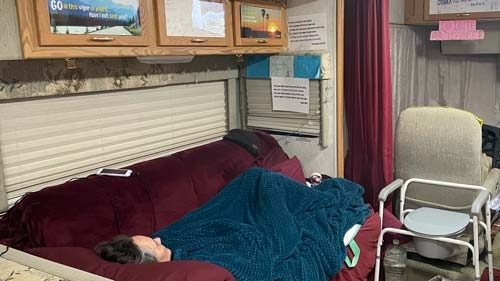 Tamra Jean on RV couch after healing service at Jesus is Lord Ministries, Biglerville, PA -YAHWEH MIRACULOUSLY HEALED ME - Preaching - Heavens View Ministry - Where the Spirit of the Lord is