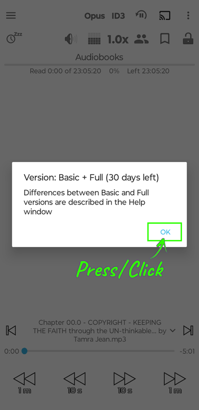 Smart Audiobook Player App - 5. CONFIRM to remain with Basic (FREE) version of the App - ready for importing m4b Audiobook Format on Android Devices - Heaven's View Ministry