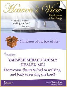 YAHWEH MIRACULOUSLY HEALED ME! From coma (hours to live) to walking and serving the Lord - Front Cover - Heaven's View Ministry - Revelations and Teachings - Testimony - through Tamra Jean, Where The Spirit of the Lord is. All Glory to Yahweh